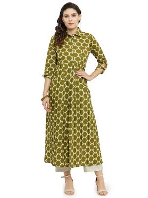 Indibelle Green woven cotton kurti with trouser 1
