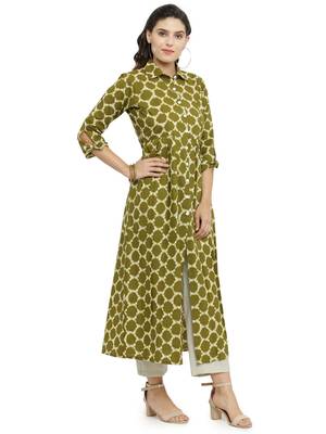 Indibelle Green woven cotton kurti with trouser 4