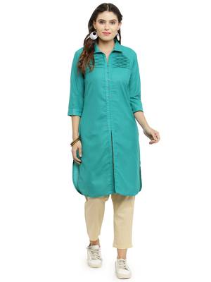 Indibelle Teal woven rayon kurti with trouser 1