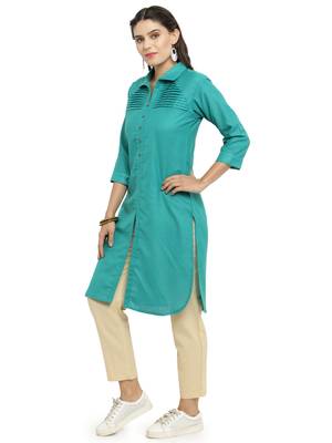 Indibelle Teal woven rayon kurti with trouser 4