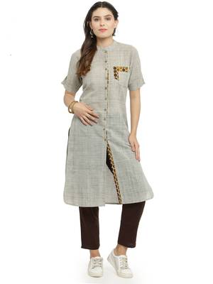 Grey woven cotton kurti with trouser 1
