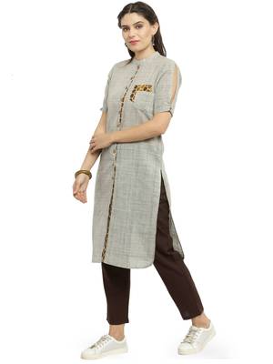 Grey woven cotton kurti with trouser 4