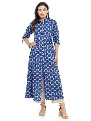 Indibelle Blue woven cotton kurti with trouser 1