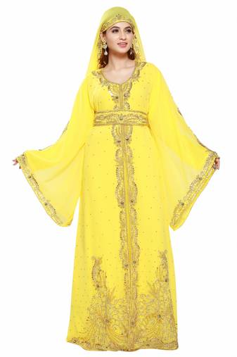 Yellow Modern Islamic Arabic Kaftan Dress For Weddin Gown Party Wear Dress