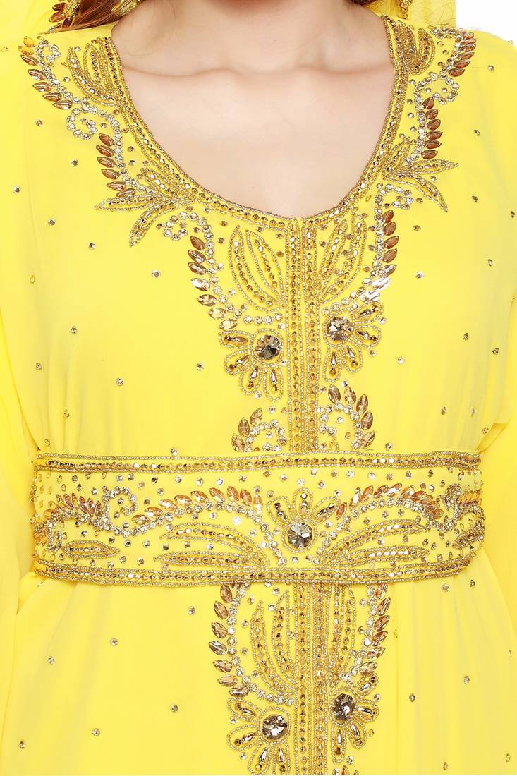 Yellow Modern Islamic Arabic Kaftan Dress For Weddin Gown Party Wear Dress