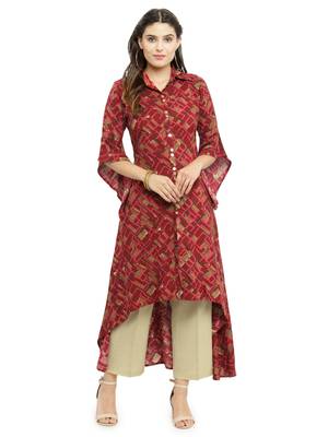 Indibelle Maroon woven cotton kurti with trouser 1