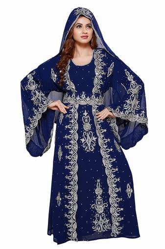 Navy Blue Royal  Moroccan Beautiful Zari Work Jilbab Jalabiya Kaftan Dress