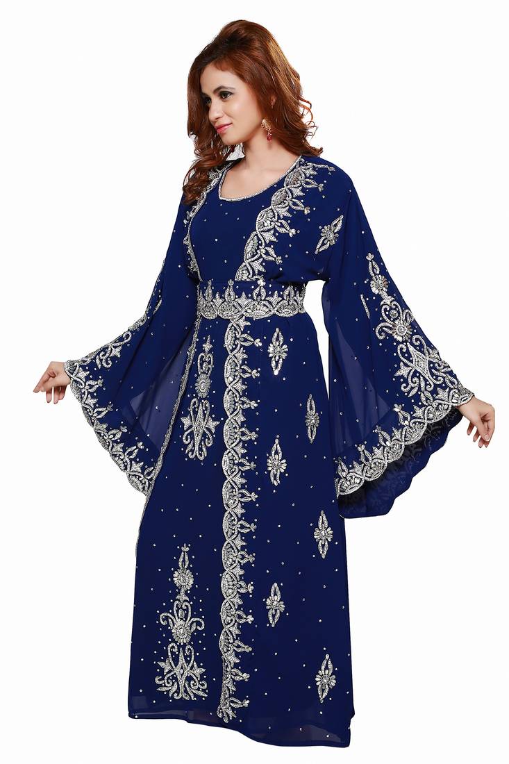 Navy Blue Royal  Moroccan Beautiful Zari Work Jilbab Jalabiya Kaftan Dress