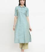 Indibelle Turquoise woven cotton kurti with trouser