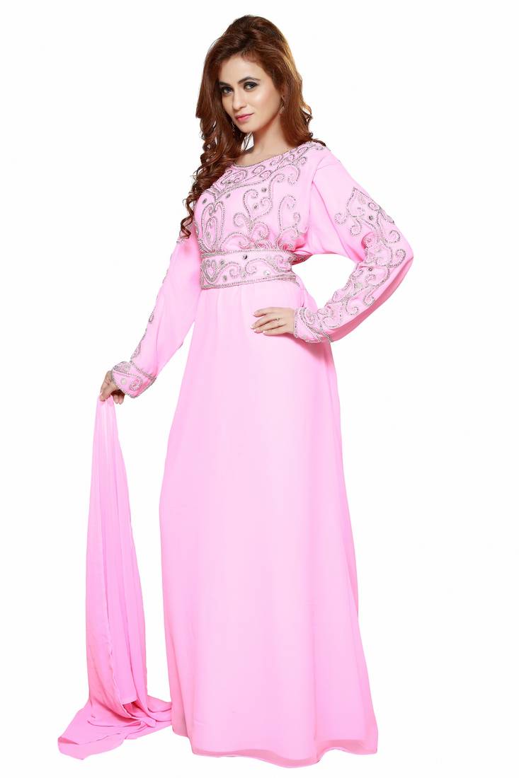 Baby Pink Eleagnt Modern Arabic Kaftan Dress For Women Wedding Gown
