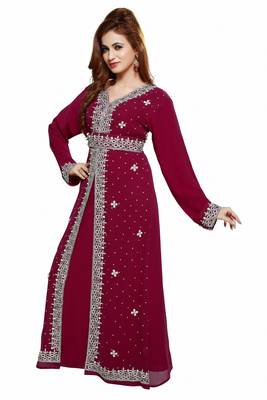 Maroon Royal  Moroccan Beautiful Zari Work Jilbab Jalabiya Kaftan Dress 3