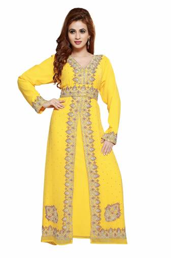 Yellow Gandura Moroccan Arabic Traditional Party Thobe Kaftan