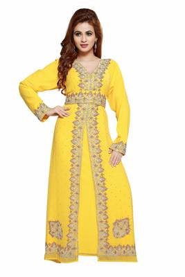 Yellow Gandura Moroccan Arabic Traditional Party Thobe Kaftan 1