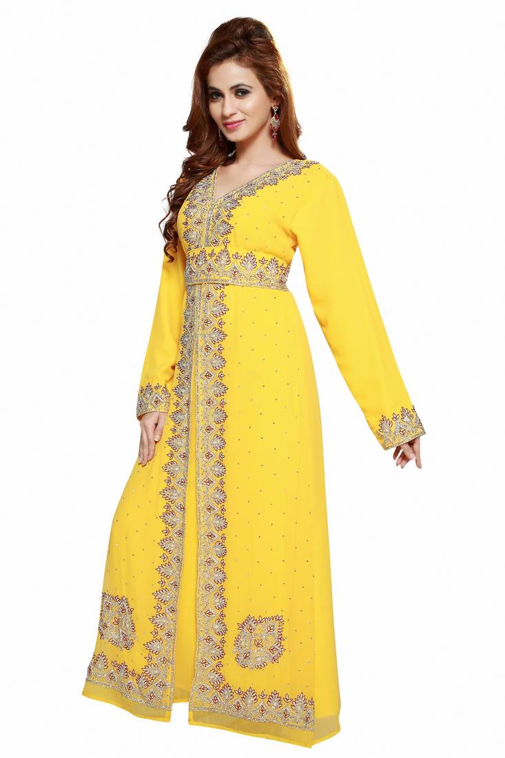 Yellow Gandura Moroccan Arabic Traditional Party Thobe Kaftan