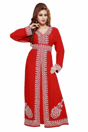 Red New Modern Moroccan Arabic Eid Kaftan Dress For Women Gown