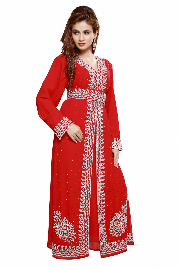 Red New Modern Moroccan Arabic Eid Kaftan Dress For Women Gown