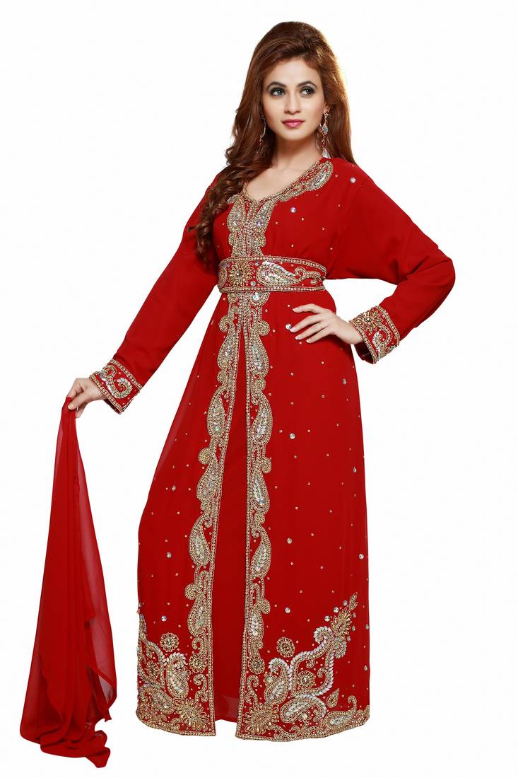 Red Gandura Moroccan Arabic Traditional Party Thobe Kaftan