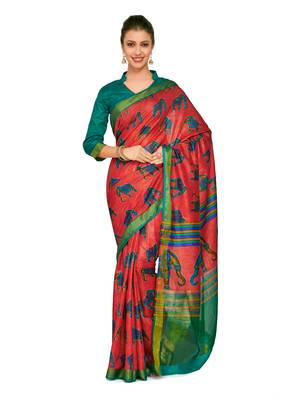 Mimosa Red Printed Raw Silk Kalamkari Saree With Blouse 1