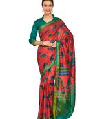 Mimosa Red Printed Raw Silk Kalamkari Saree With Blouse