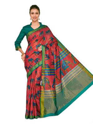 Mimosa Red Printed Raw Silk Kalamkari Saree With Blouse 2
