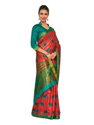 Mimosa Red Printed Raw Silk Kalamkari Saree With Blouse 3