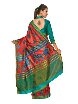 Mimosa Red Printed Raw Silk Kalamkari Saree With Blouse 4
