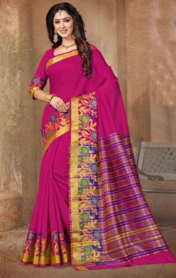 Rani pink woven cotton saree with blouse 1