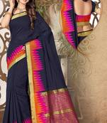 Navy blue woven cotton saree with blouse