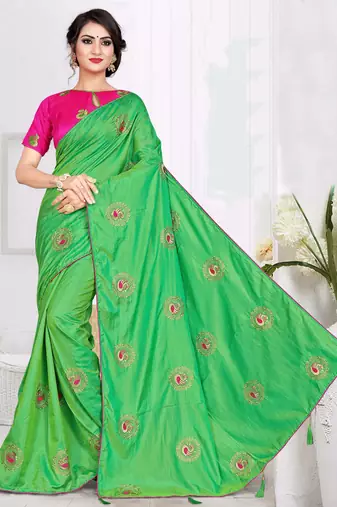 Parrot Green Embroidered Art Silk Saree With Blouse