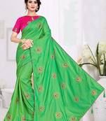 Parrot Green Embroidered Art Silk Saree With Blouse