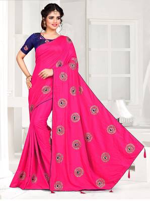 Pink Embroidered silk blend Saree With Blouse 1