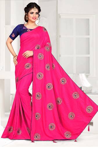 Pink Embroidered Art Silk Saree With Blouse