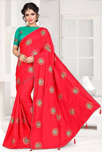 Red Embroidered Art Silk Saree With Blouse
