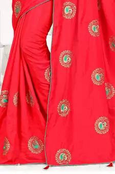 Red Embroidered Art Silk Saree With Blouse