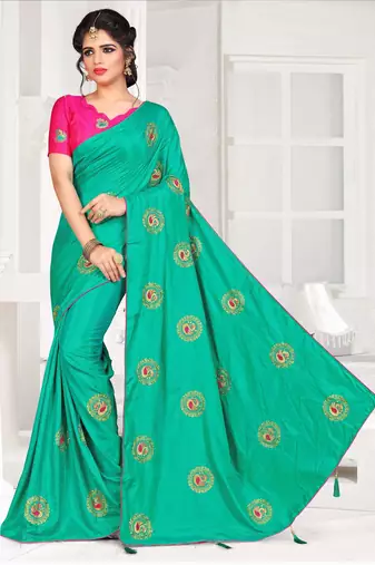 Turquoise Embroidered Art Silk Saree With Blouse