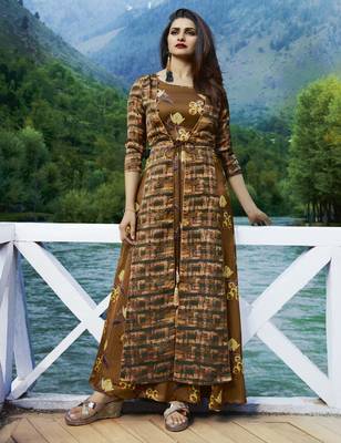 Coffee Printed Satin Long Kurtis 1