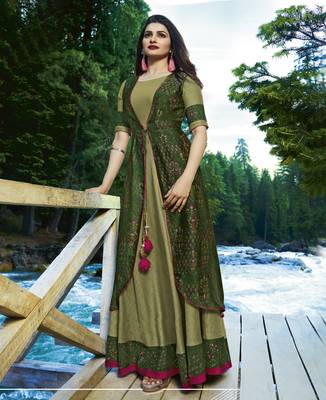 Olive Printed Satin Long Kurtis 1