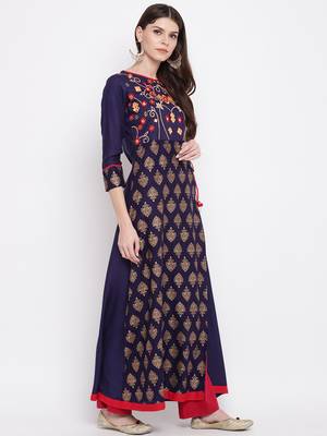 Blue embroidered rayon embroidered kurtis 4