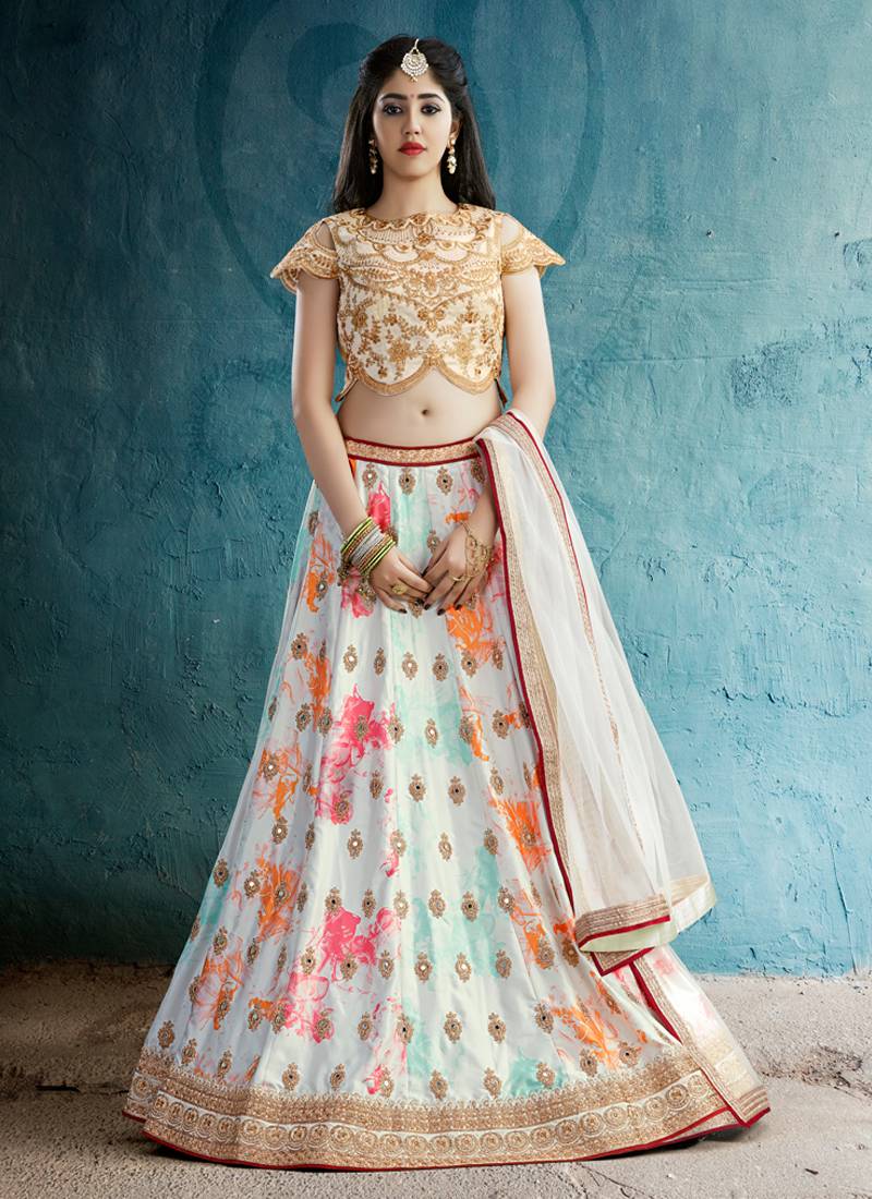 off white embroidered Crepe designer lehenga with blouse
