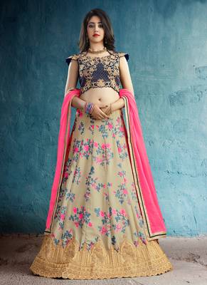 beige embroidered Muslin Silk designer lehenga with blouse 1
