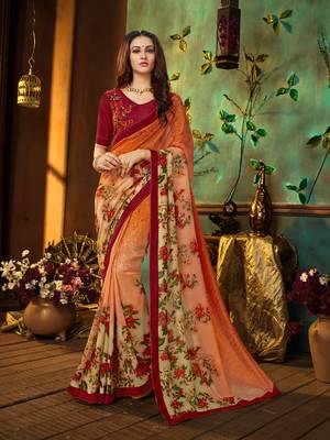 Orange printed georgette saree with blouse 1