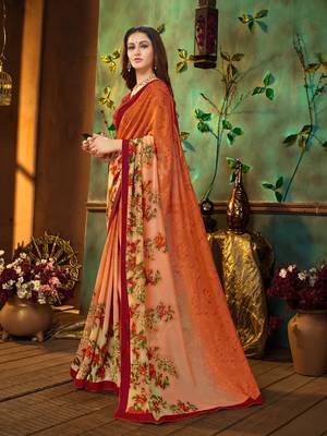 Orange printed georgette saree with blouse 2