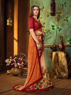 Orange printed georgette saree with blouse 4