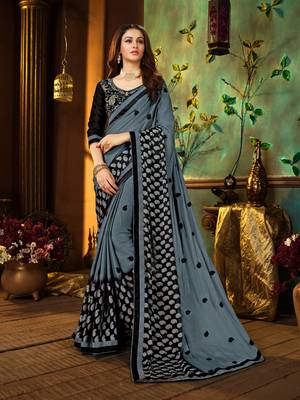 Grey printed georgette saree with blouse 1
