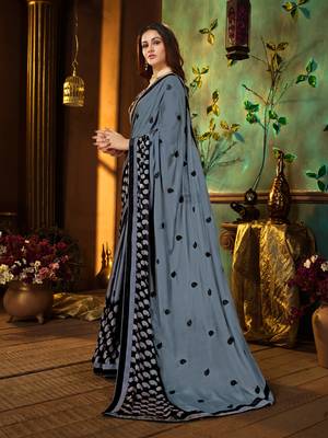 Grey printed georgette saree with blouse 2