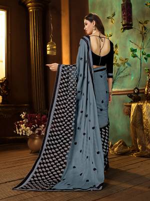 Grey printed georgette saree with blouse 3