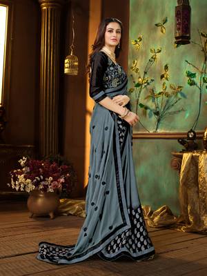 Grey printed georgette saree with blouse 4
