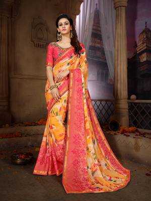 Orange printed georgette saree with blouse 1