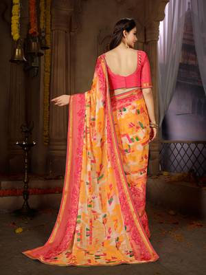 Orange printed georgette saree with blouse 3