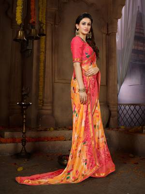 Orange printed georgette saree with blouse 4